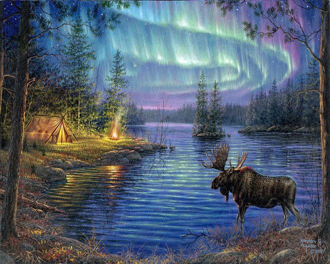 Produktbild Figured'Art Malen nach Zahlen Elch und Aurora Borealis auf Keilrahmen gespannt