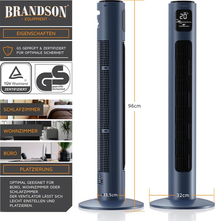 Produktbild Brandson Turmventilator, Oszillation 65°, Timer, Fernbedienung, Standventilator 96cm, Blau (48 dB)