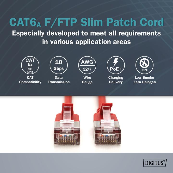 Actual product image Digitus CAT 6A class Ea, F/FTP, twisted pair patch cable, Cu, LSZH, AWG 32/7, length: 1 m, red (F/FTP, CAT6a, 1 m)