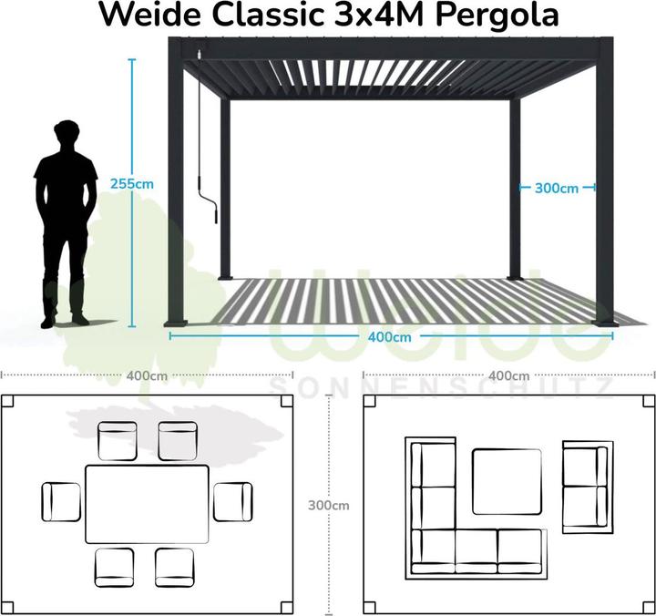 Produktbild Weide Classic | Aluminium Pavillon | 3 x 4 M | Lamellendach weiss | Pergola freistehend (300 cm, 400 cm)