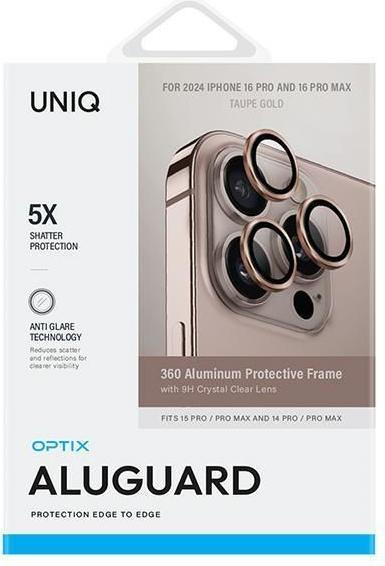 Produktbild Uniq Optix Aluminium Camera Lens Protector iPhone 16 Pro 6.3" / 16 Pro Max 6.9" taupe gold szkło na (1 Stück, Apple iPhone 16 Pro Max)