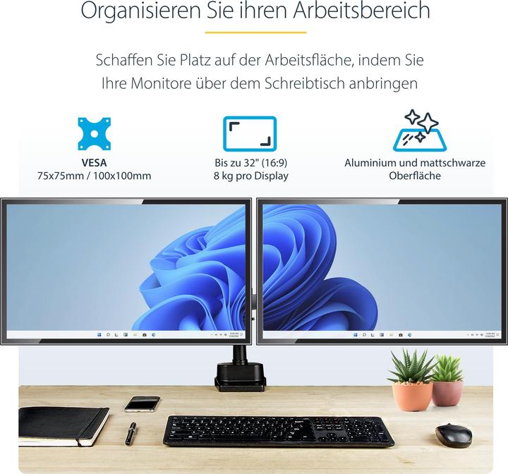 Productafbeelding StarTech com ARMDUALPIVOT, klem, 16 kg, 81,3 cm (32 inch), 100 x 100 mm, hoogteverstelling, Zwart (Tabel, 32")