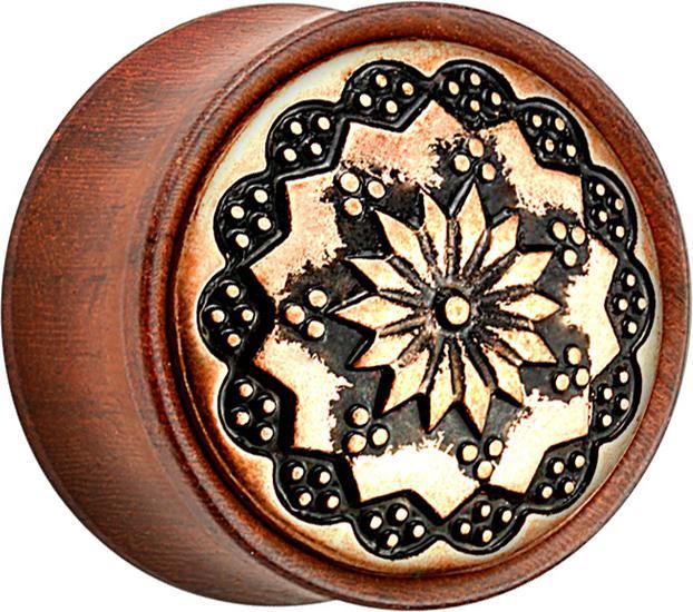 Star Piercing Flared Plug aus Rosenholz Tribal Blume (Organisch, Messing)