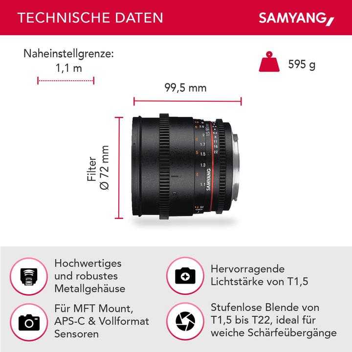 Image du produit Samyang 85mm T1.5 VDSLR II MFT (Micro Four Thirds, Plein format)