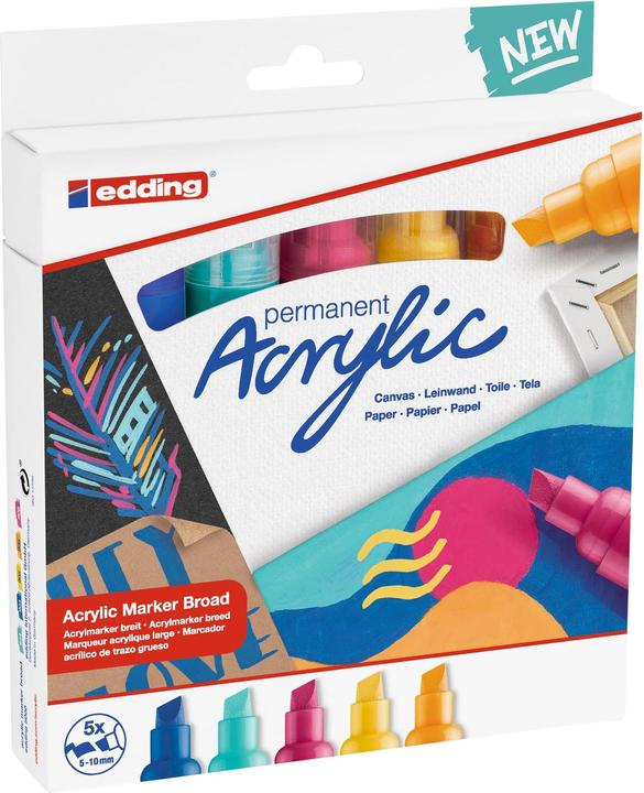 Produktbild Edding Acrylmarker (Enzianblau, Sonnengelb, Verkehrsgelb, Türkis, Telemagenta, 10 mm, 5 x)