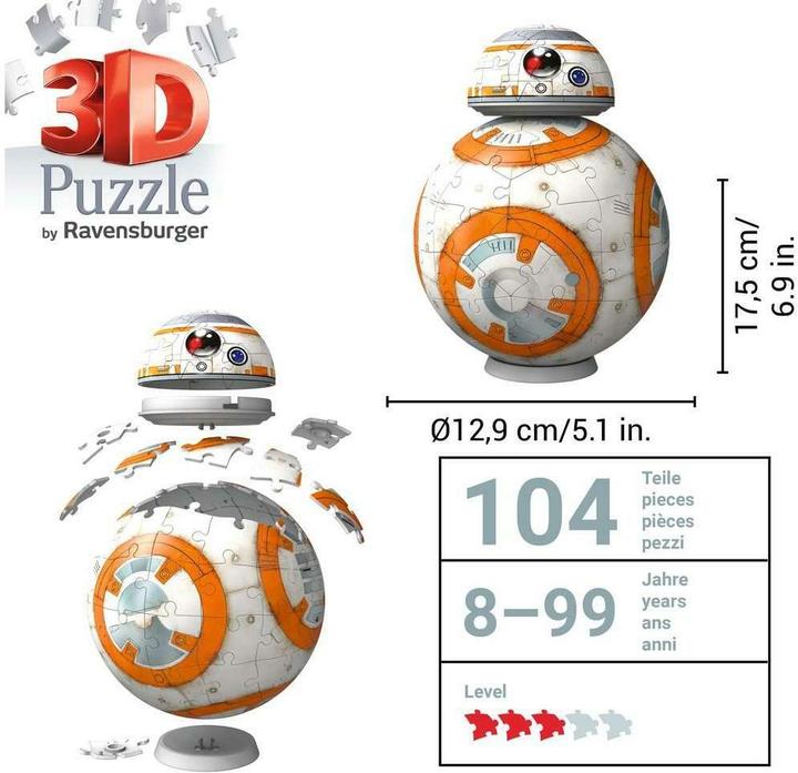 Actual product image Ravensburger 3D Puzzle 11578 - Star Wars BB8 - Astromech Druid from Episode VII, VIII and IX as a (99 pieces)