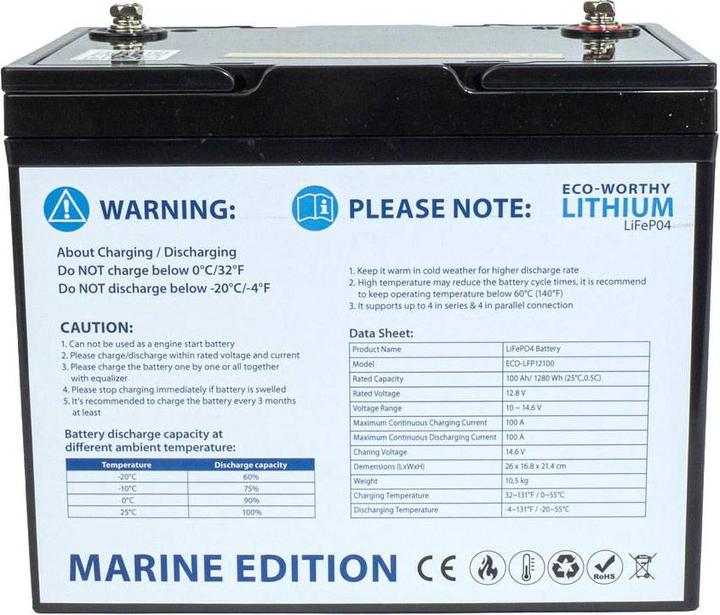 Image du produit Eco-Worthy Marine Lithium-Batterie LiFePO4 12V (12 V, 100 Ah)
