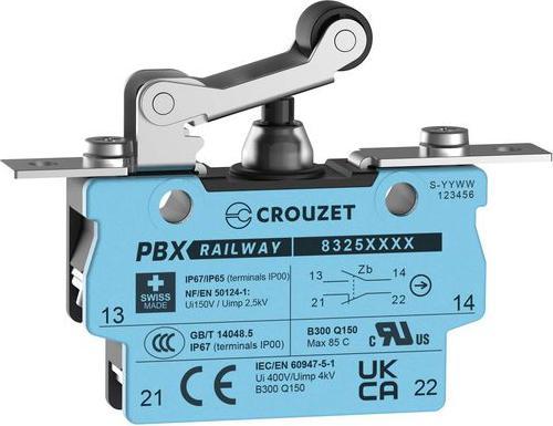 Actual product image Crouzet Microswitch with mounting plates, 2A, 1 changeover contact, 3.6N, roller lever, IP67, screw