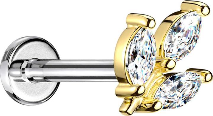 Immagine prodotto Star Piercing Micro Threadless Labret foglia d'argento placcato oro tre cristalli ovali argento (Ottone)