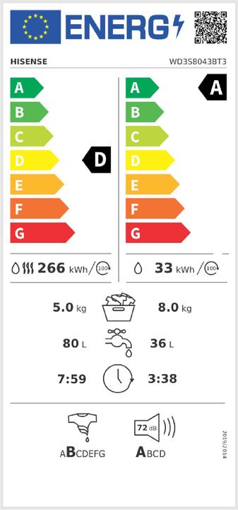 Etichetta energetica Hisense WD3S8043BW3 Lavasciuga a libera installazione 8Kg