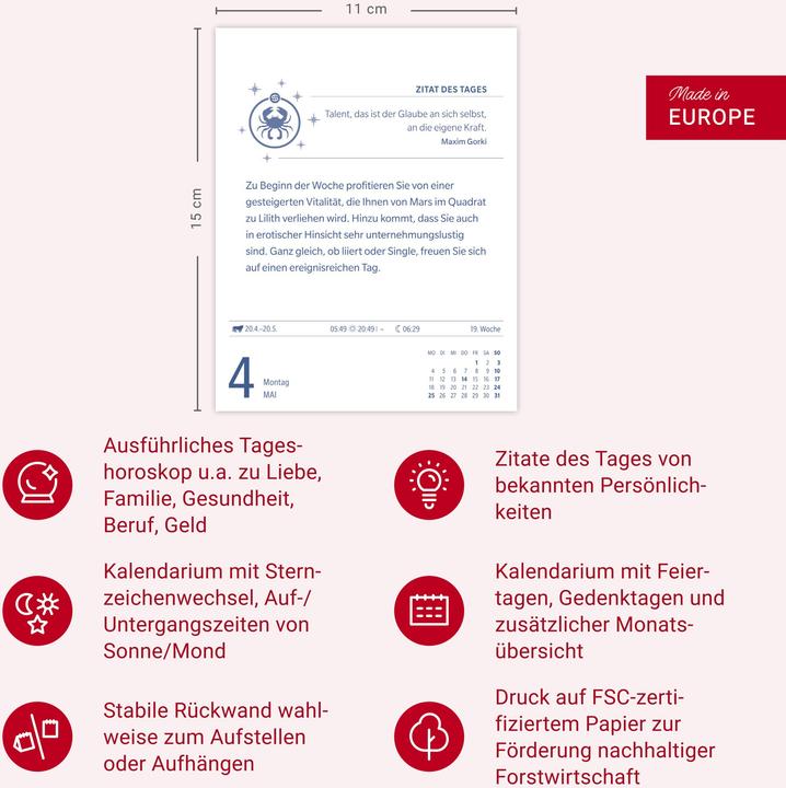 Produktbild Harenberg Krebs Sternzeichenkalender 2026 - Tagesabreisskalender - Ihr Horoskop für jeden Tag (11 x 14 cm, Harter Einband, Deutsch)