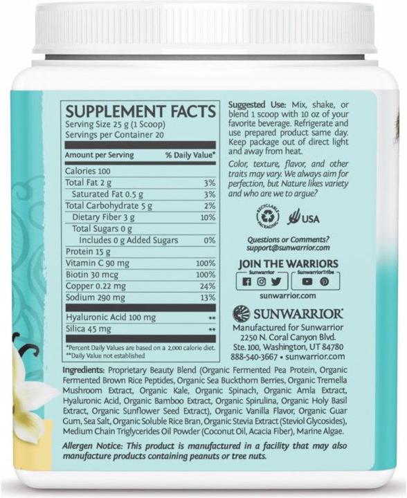 Nährwerte und Zutaten Sunwarrior Collagen Building Protein Peptides Tahitian Vanilla (1 Stück, Pulver, 500 g)