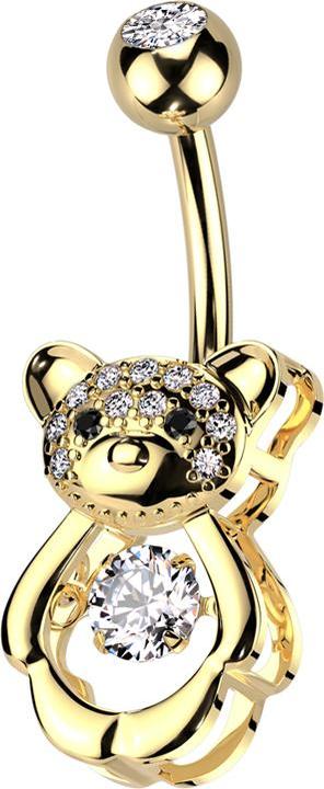 Star Piercing Banane vergoldet mit Kugel vergoldet Kristall silber und Teddybär Kristalle silber (Messing, Chirurgenstahl 316L)