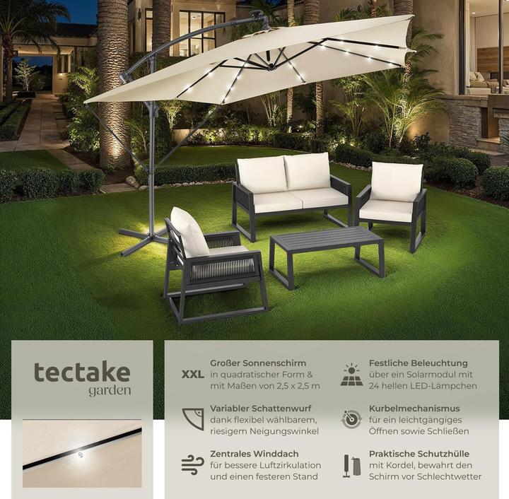 Immagine prodotto tectake Ombrellone Sunna LED-Solar con manovella 2,5 x 2,5 m (2.50 m)
