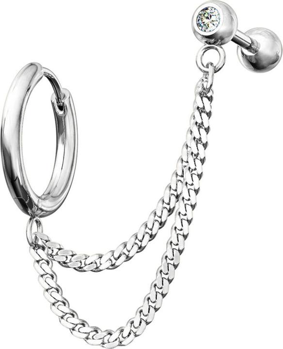 Star Piercing Ohrring silber Doppelkette Micro Barbell mit Kugel und Kristall (Chrirugenstahl 316L)