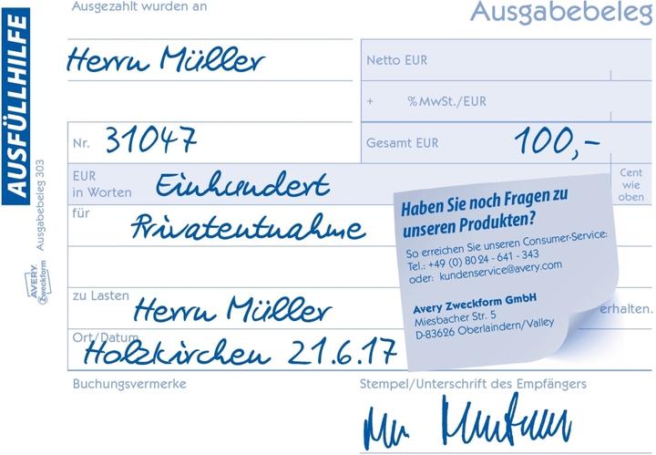 Nährwerte und Zutaten Avery Ausgabebeleg mit Dokumentendruck (50 x)