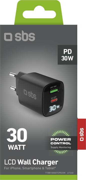 Actual product image SBS PD travel charger 30W USB-C/18W USB LCD GaN black (30 W)