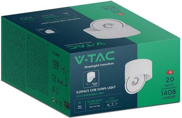 Image du produit V-TAC Oprawa Natynkowa Downlight 20W Uchylna CRI90 CCT Biała VT-2825 3000K-4000K-6400K 1408lm (1408 lm)