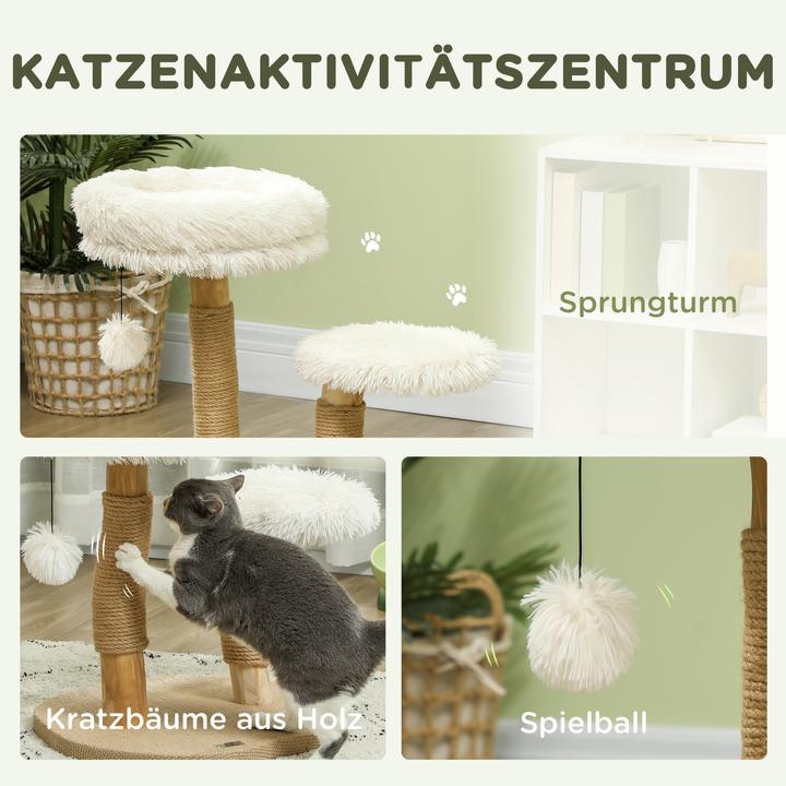 Produktbild PawHut Kratzbaum Birnbaumholz, Polyester Weiss (61.50 cm, Weiss+Naturholz)