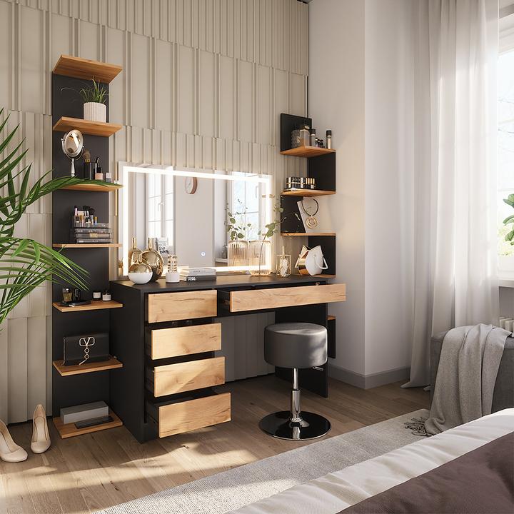 Actual product image Vicco Dressing table Sherry, Anthracite/golden oak, 120 x 75 cm with LED mirror and stool (120 x 75 x 55 cm)