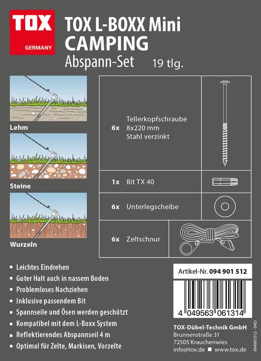 Actual product image Tox L-Boxx mini camping guy rope set (19 pcs.) Tent screws 8x220 mm + guy ropes Ø 4mm / 4mtr (19 Screws per piece)
