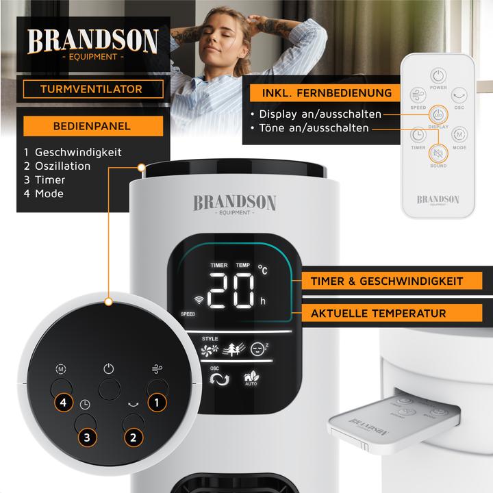 Produktbild Brandson Turmventilator WiFi, Eco DC-Motor 35W, App-Steuerung/Sprachbefehl, Timer, leiser Lüfter, Oszillation (52 dB)