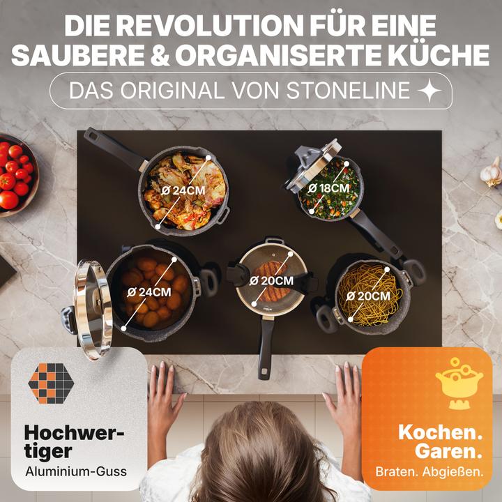 Actual product image Stoneline Future 8-piece pot set with strainer lids, coated pots, pans Induction suitable (24 cm, Pot, Frying pan, Saucepan, Casserole + Stewpot, Cast aluminium)