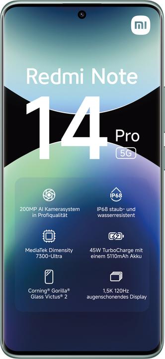 Image du produit Xiaomi Redmi Note 14 Pro 5G (256 Go, Coral Green, 6.67", Double SIM, 200 Mpx, 5G)