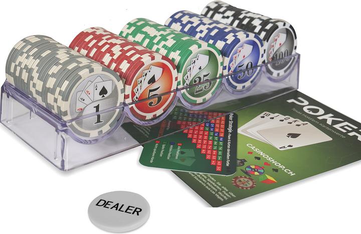 Immagine prodotto Casinoshop Set di fiches da poker con numeri - 100 fiches da gioco con porta fiches e pulsante per l'offerta