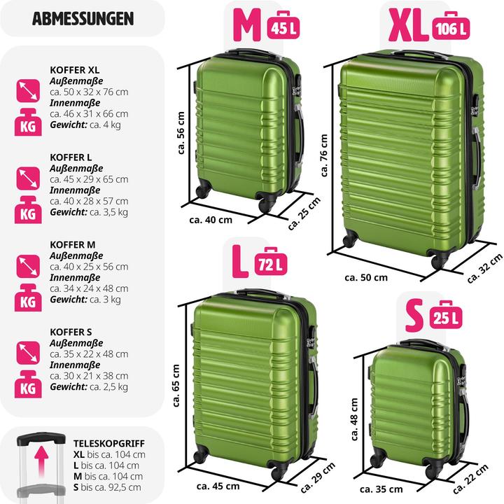 Immagine prodotto tectake Set di valigie rigide (106 l, Bagaglio a mano (fino a 50 litri), M (50 - 90l), L (90 - 115l))