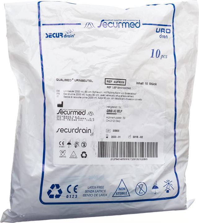 Produktbild Qualimed Urinbeutel 2l 90cm mit RV Ablauf, 10 Stück