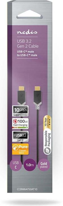 Produktbild Nedis USB-Kabel | USB 3.2 Gen 2 | USB-C™ Stecker | USB-C™ Stecker | 10 Gbps | Vergoldet | 1.00 m | r (1 m, USB 3.2 Gen 2, 100 W)