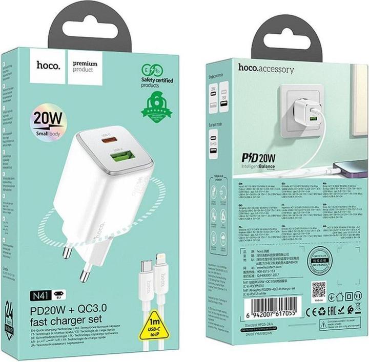 Produktbild Hoco Adapter charger USB A + Type C + cable Type C to Lightning PD QC 3A 20W N41 white (20 W)