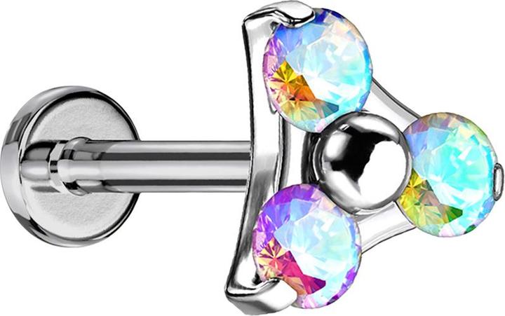Star Piercing Micro Threadless Labret silber Dreieck drei Kristalle multicolor (Titan G23, ohne Messing)