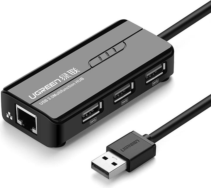 Productafbeelding Ugreen USB 2.0 Hub RJ45 Ethernet Adapter 3+1 poort USB 2.0 Hub Zwart (USB-A, 3 Havens)