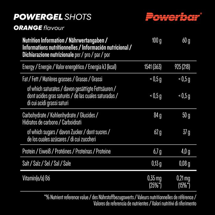 Nutritional values and ingredients Powerbar PowerGel Shots (Orange, 24 pcs., 1440 g)