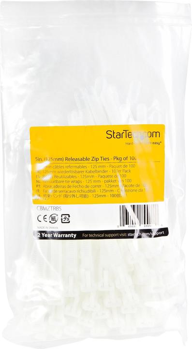 Image du produit StarTech 12cm(5") Liens de serrage réutilisables, 7mm(1/4") de large, 30mm(1-1/8") de diamètre 22kg(50lb) (Serre-câbles en plastique, 8 mm, 100 pcs)