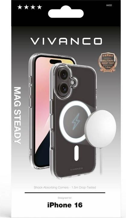 Actual product image Vivanco MAG STEADY Cover for iPhone 16, transparent, 1.5m Drop-Protection, MagSafe Support (Apple iPhone 16)