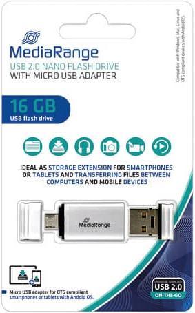 Productafbeelding MediaRange USB Nano geheugenstick met Micro USB adapter (16 GB, USB-A, Micro USB-A)