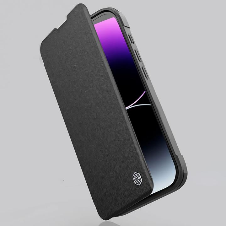Actual product image Nillkin Qin Prop Leather Case with Camera Cover and Stand for iPhone 16 - Black (Apple iPhone 16)