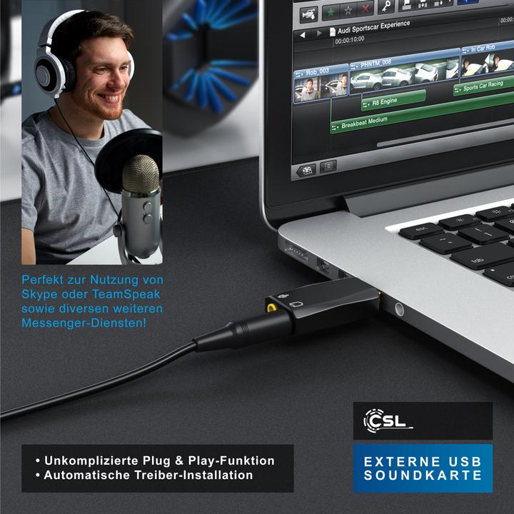 Produktbild CSL USB Soundkarte 5.1 Kanäle, Extern, 5.1 Virtual Surround, Line-Out & Mikrofon-In Anschlüsse, schwarz (USB 2.0)