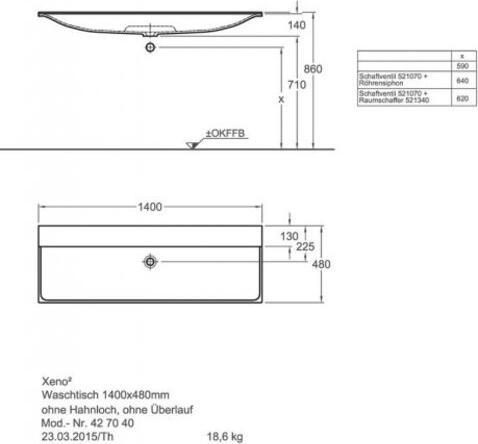 Produktbild Geberit Keramag Xeno 2 Waschtisch ohne Hahnloch, ohne Überlauf, 140x48cm, weiss, 500276001 (480 mm, 1400 mm)