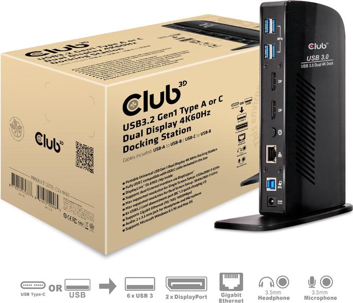 Produktbild Club 3D Dual Display Docking Station 4K60Hz (USB-B, 2 Ports)