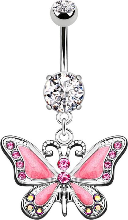 Star Piercing Banane silber mit Anhänger Schmetterling pink (Chirurgenstahl 316L, ohne Messing)