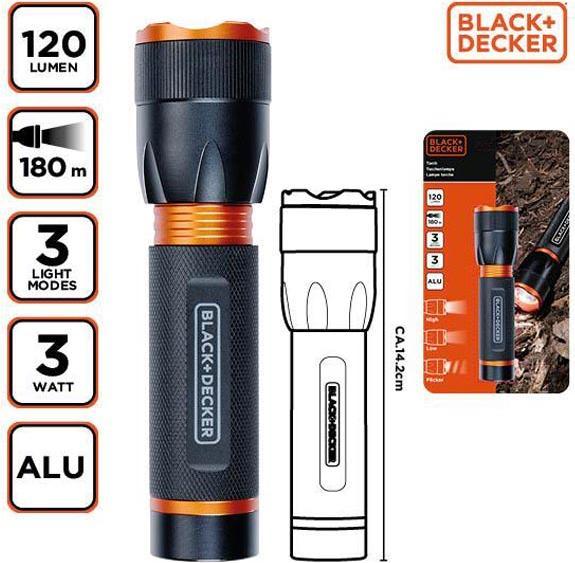 Immagine prodotto Black & Decker Torcia LED 3W 120Lm 180m di proiettore (14.20 cm)