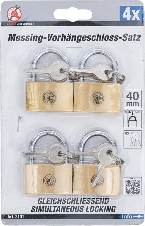 Productafbeelding BGS Messing hangslot set | gelijksluitend | 40 mm | 4 stuks.