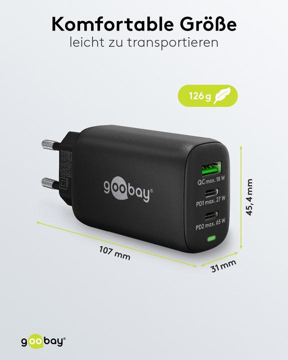 Immagine prodotto Goobay Caricatore rapido USB-C PD a 3 porte 65 W nero (65 W)