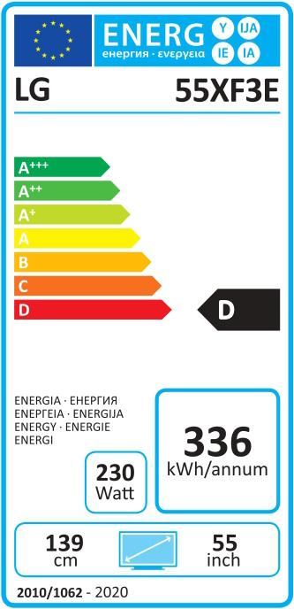 Energie-Label LG Digital Signage 55XF3E 55inch HIGH BRIGHTNESS SEMI-OUTDOOR 24/7 FHD 0cdm Bui (1920 x 1080 Pixel, 55")