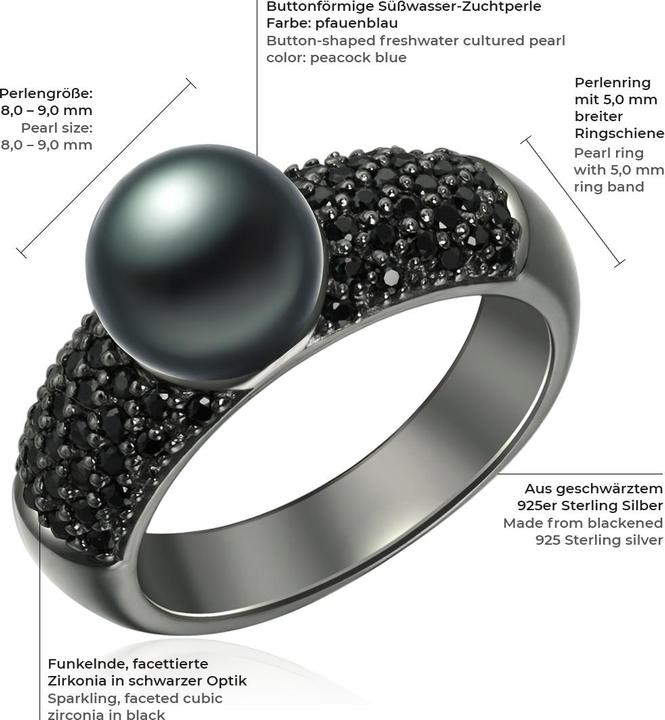 Produktbild Valero Pearls Damen Sterling Silber Zirkonia Süsswasser-Zuchtperle Schwarz - 2198 (64, 925 Silber)
