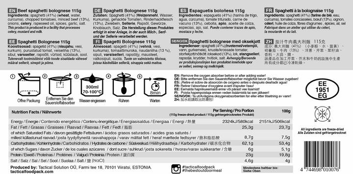 Valeurs nutritives et ingrédients Tactical Foodpack Spaghetti bolognaise au boeuf (115 g)